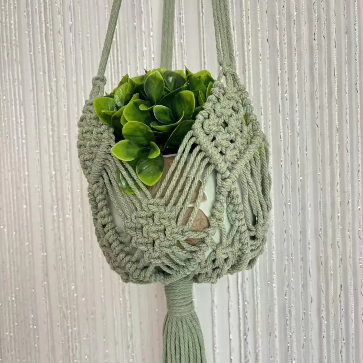 Hand-woven polyester cotton flower pot in natural colour with woven net pocket design