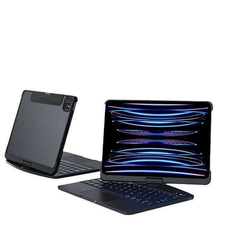 Transparent protective case with built-in wireless Bluetooth keyboard for iPad Pro.
