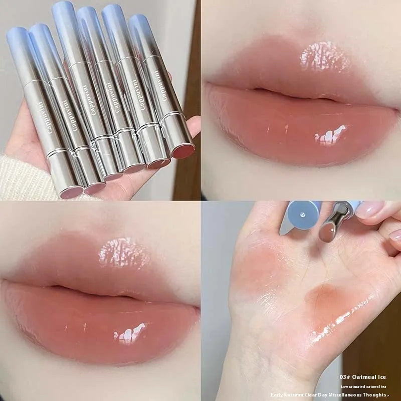 Mirror Water Light Lip Gloss Lipstick in translucent shades showing reflective finish and 12.9cm height