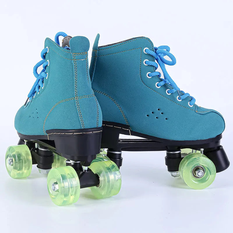 Blue leather roller skates with black double PU wheels and rubber sole