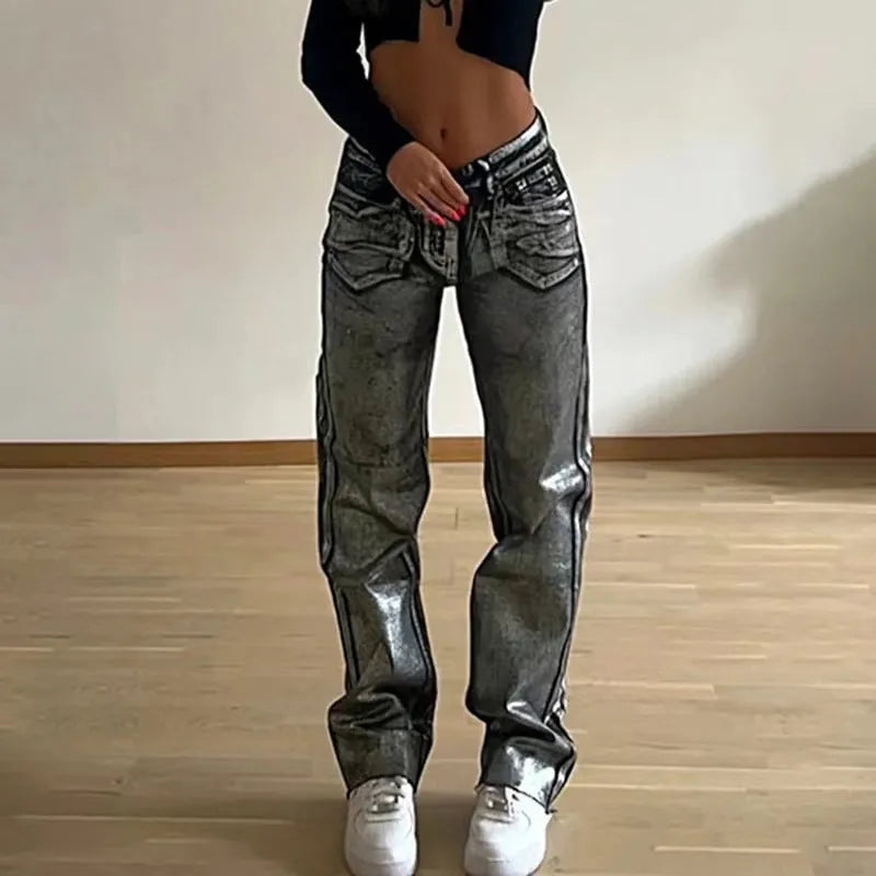 Women's high waist straight leg jeans in washed blue denim with hot silver contrast colour street hipster styling