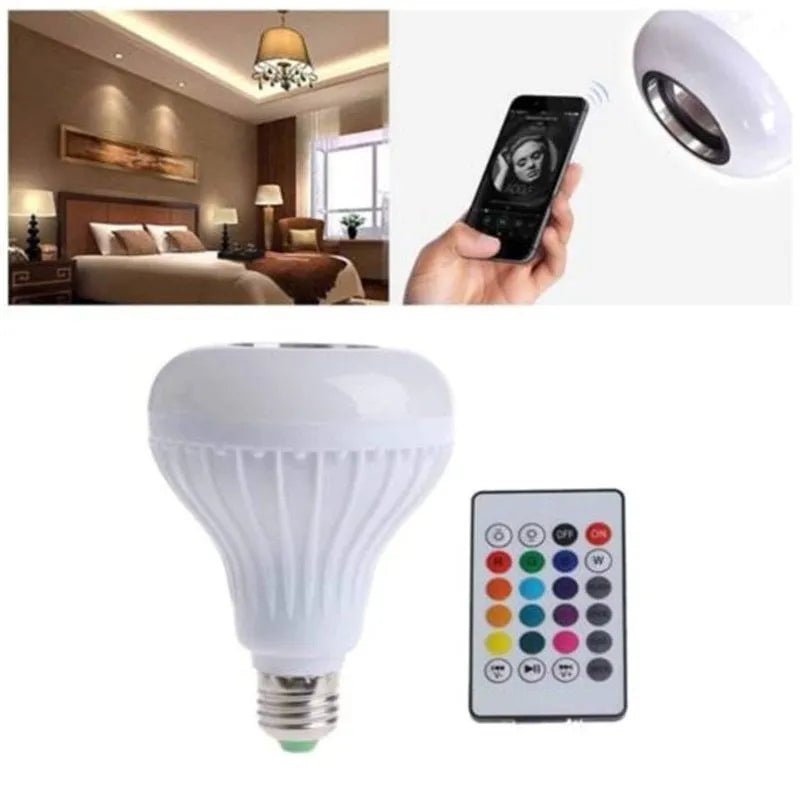 White smart LED bulb with E27 base featuring built-in Bluetooth speaker and 16-colour RGB lighting