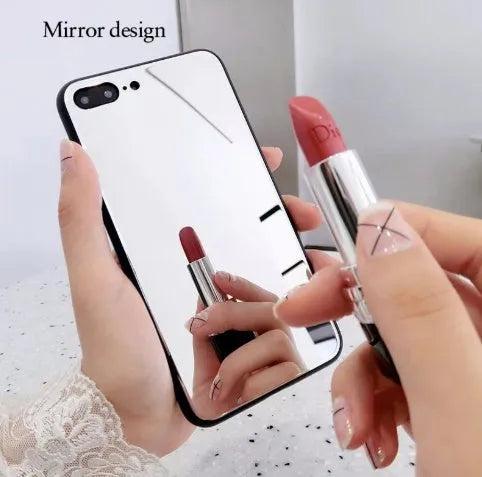 Black iPhone back cover case with a built-in square mirror on the back.