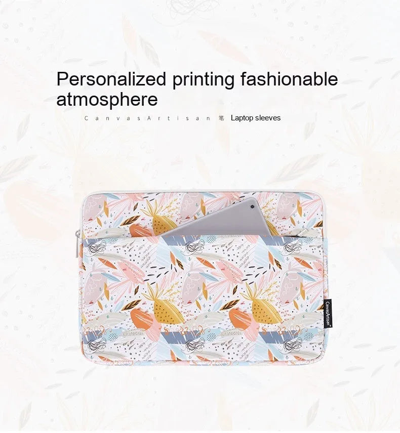White PU leather waterproof inner sleeve for a 14 inch laptop on a table.