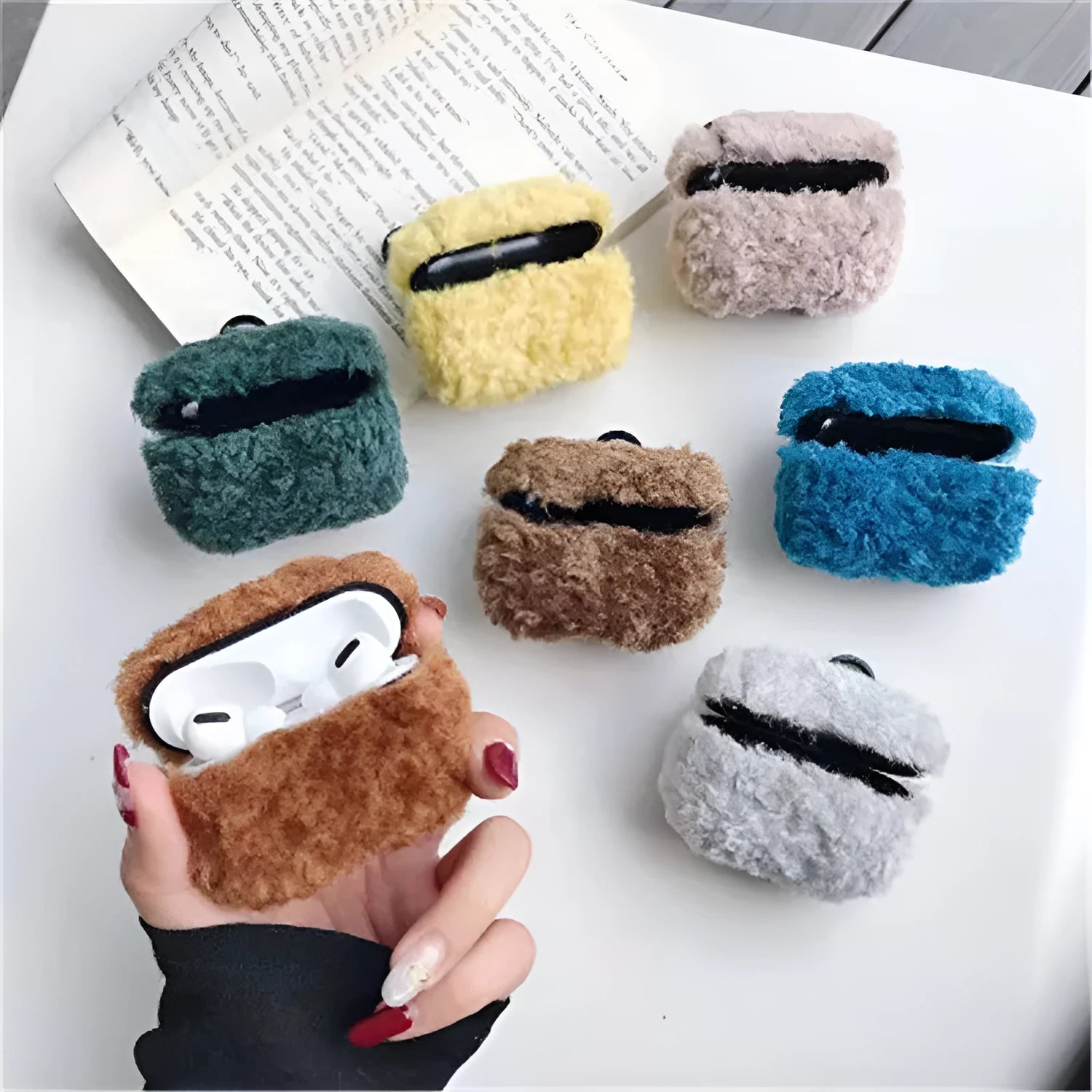 Plush and plastic fall-proof AirPods case cover in khaki green, compatible with AirPods 1 2 3 and Pro 3