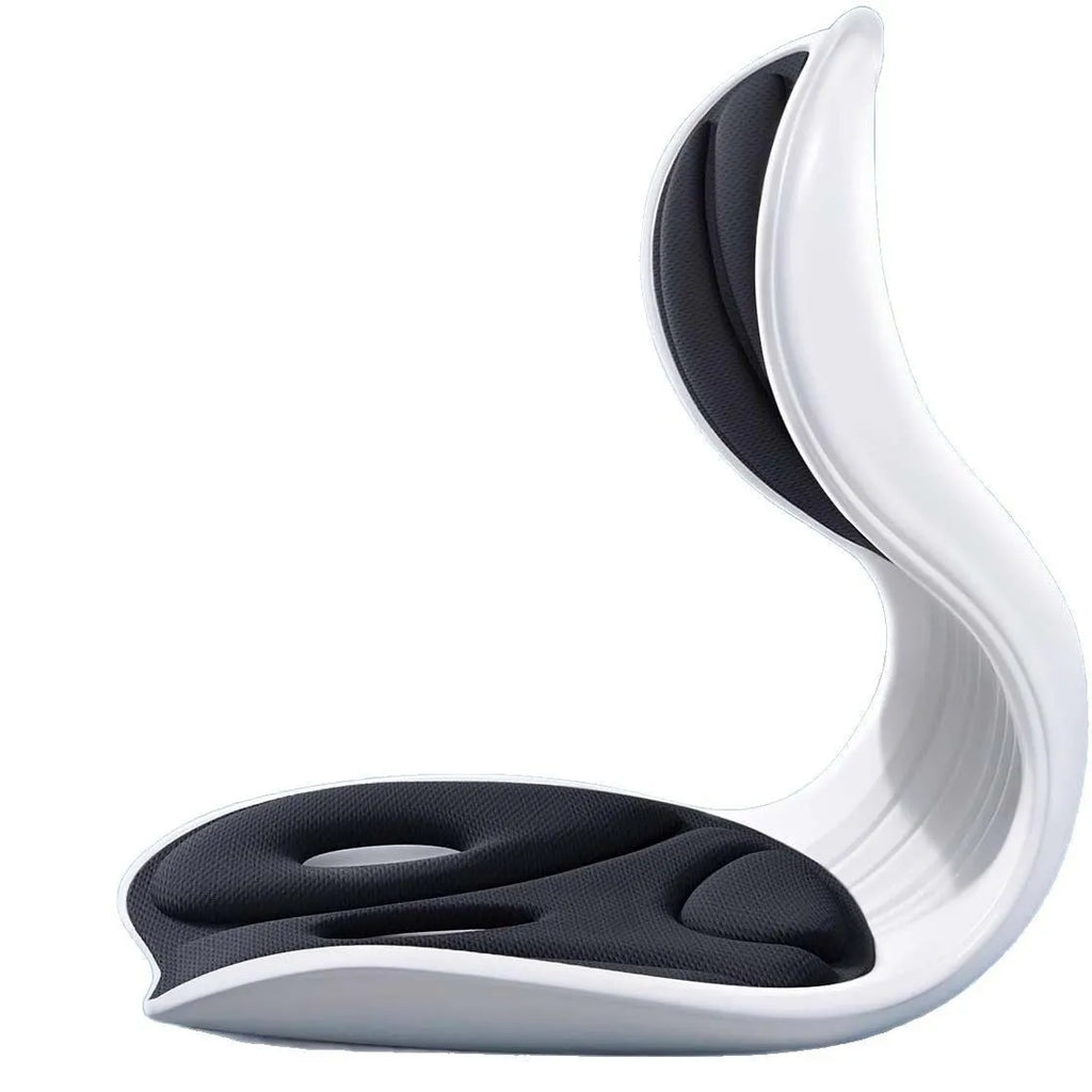 Grey and black lumbar support cushion for office chair and car seat use.