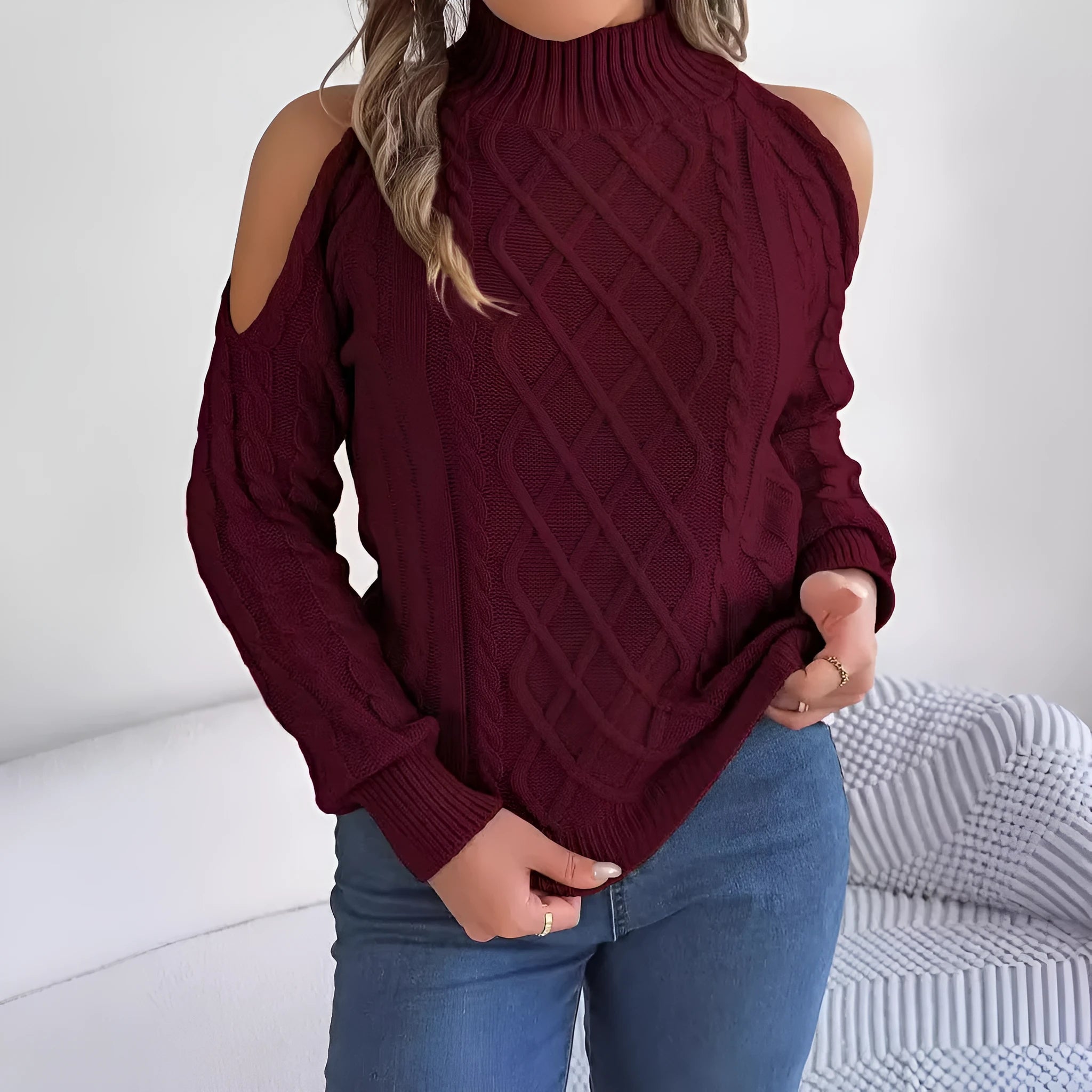 Women's strapless twist pattern sweater with lantern sleeves in wine red colour