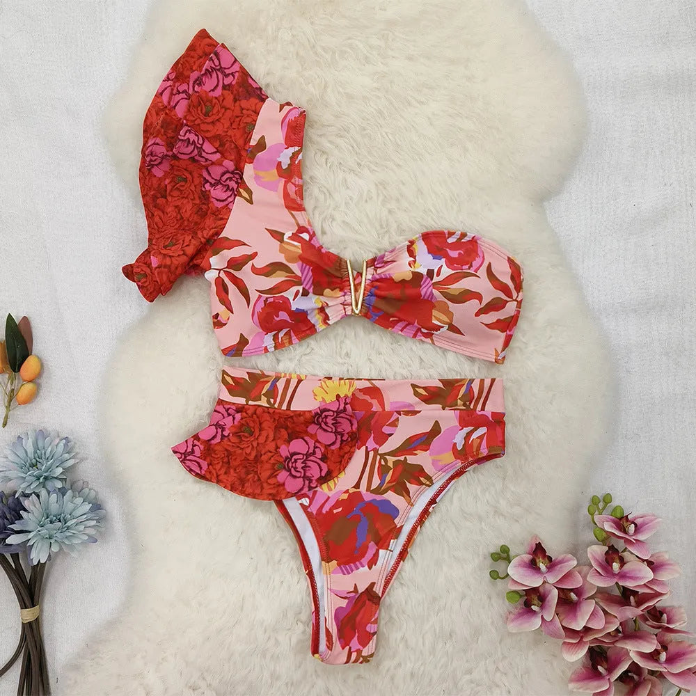 Pink floral print one-shoulder ruffled bikini with high-waist briefs