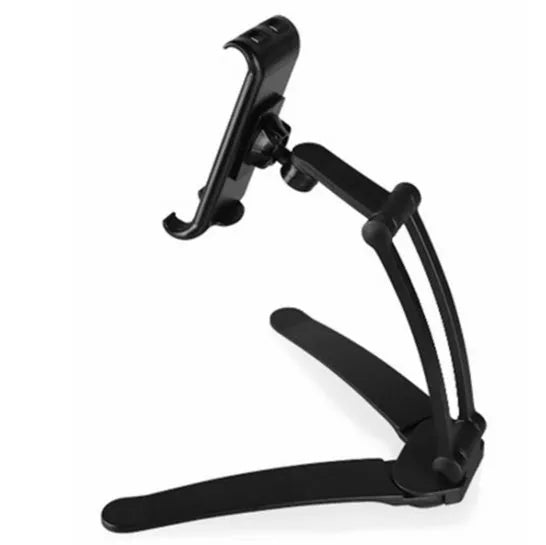 Silver aluminium alloy desktop tablet stand with white mount holding a tablet at an angle.
