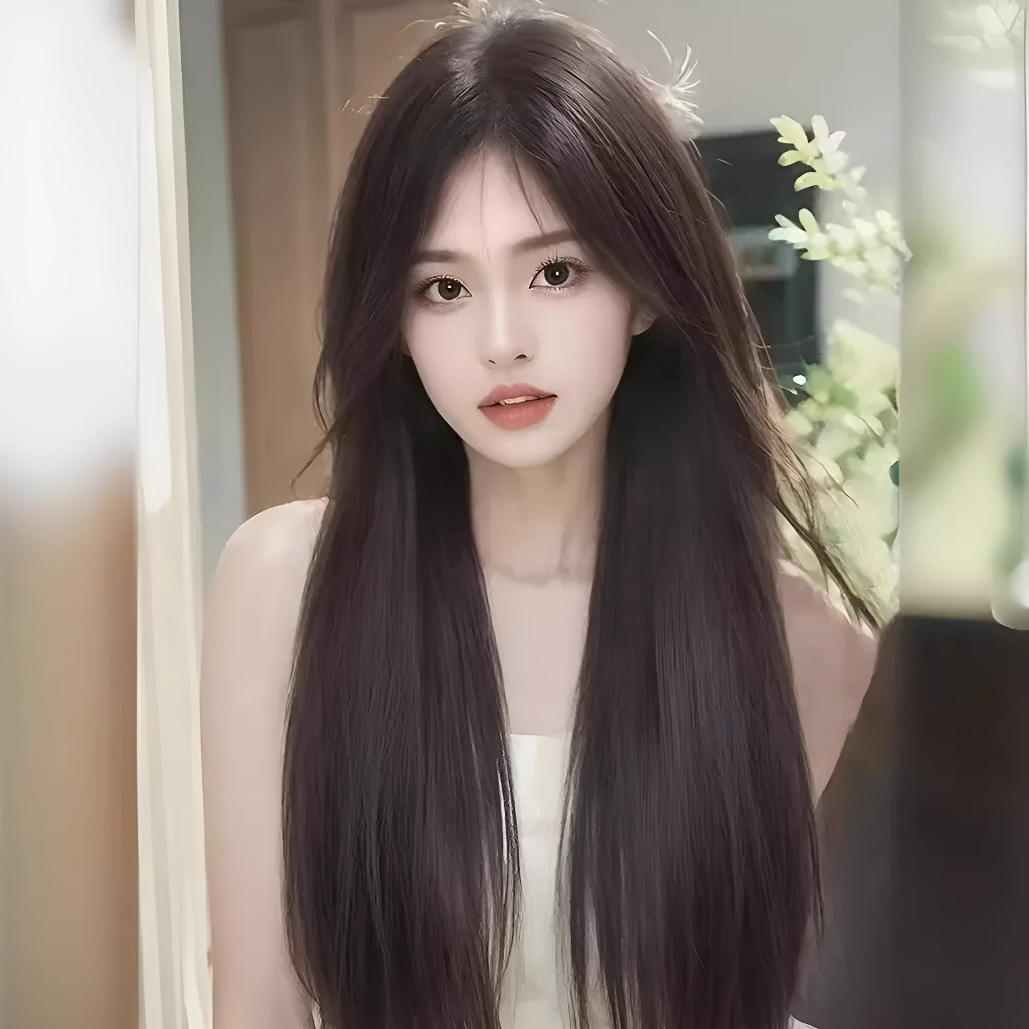 Forehead lace long straight wig with side bangs in high temperature fibre material