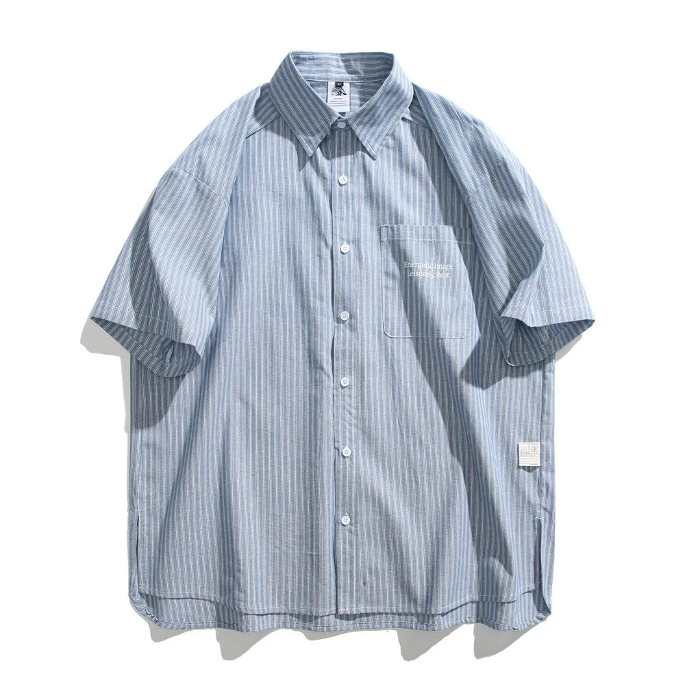 Blue striped loose fit overalls shirt with short sleeves and cardigan style design