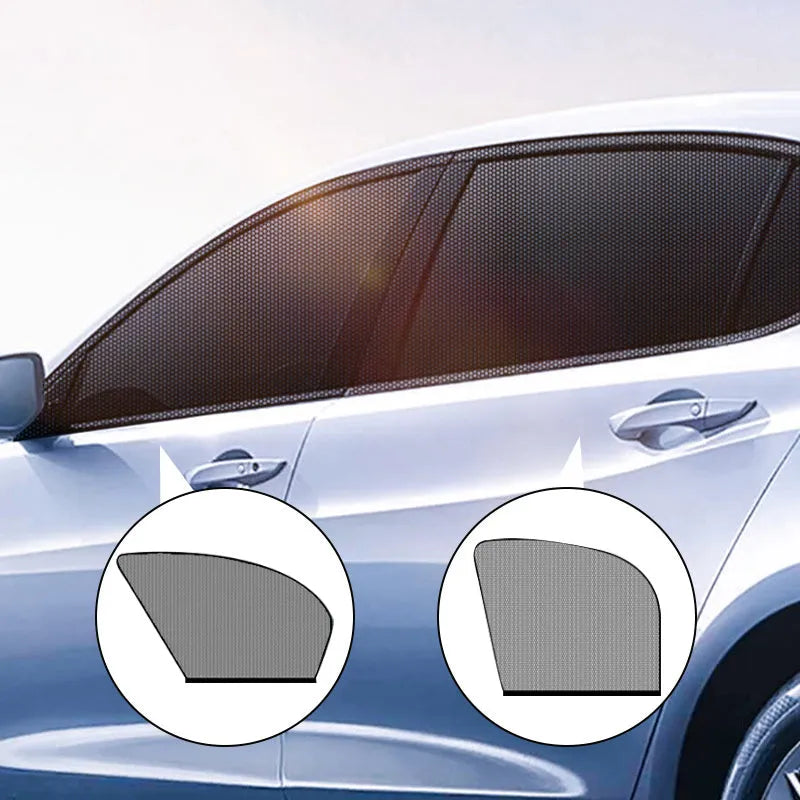 Stretchy non-woven mesh car side window sunshade installed on a vehicle door