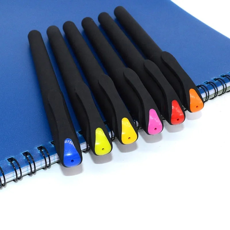 Ten plastic gel pens in various colours showing 14cm length with black ink refills