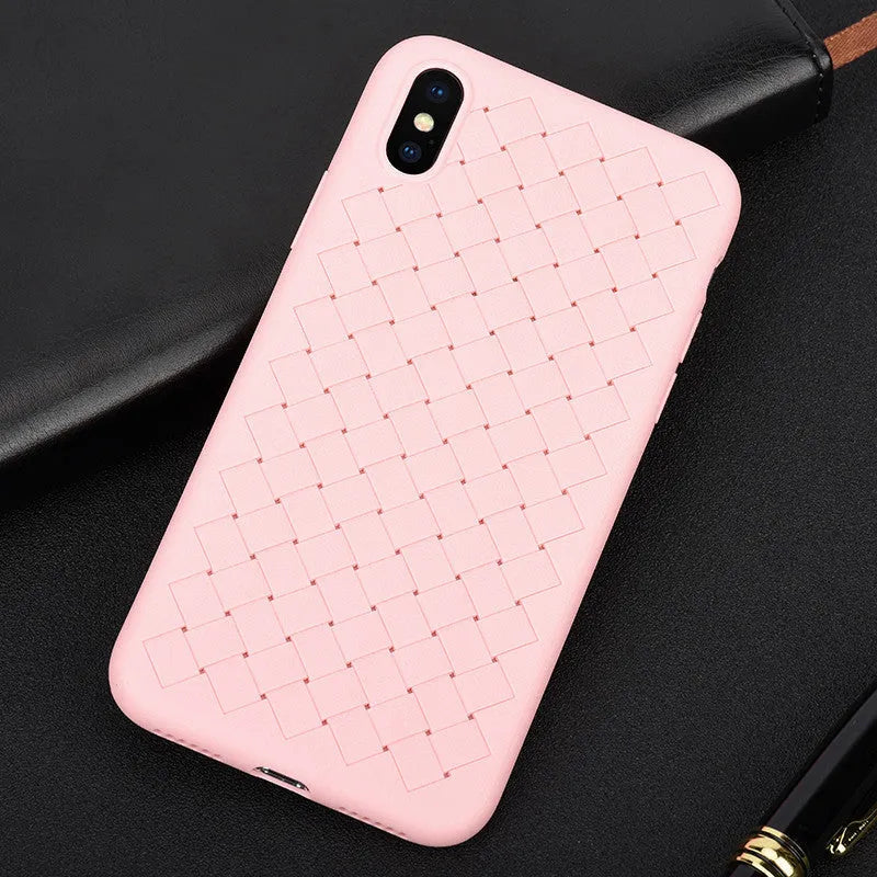 Luxury grid weaving protective case for iPhone on a table, showing raised lips and colour options.