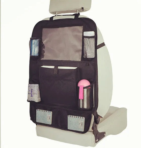 Two-pack car seat back hanging storage bags made from 600D Oxford cloth and mesh, 65 by 45 centimetres, with adjustable buckle fixing and matte leather zipper bags.