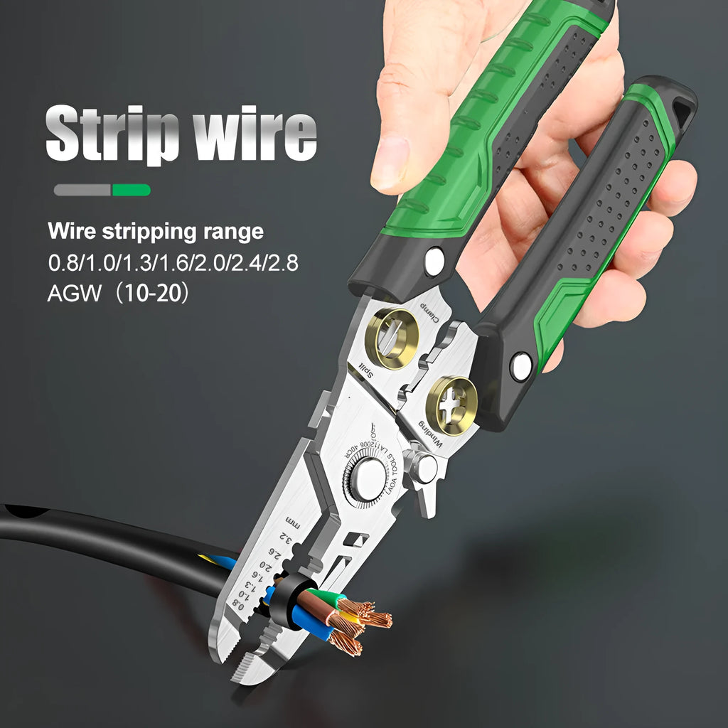Stainless steel wire stripper with straight handle, ABS grips, and seven stripping ports for 0.8-3.2mm cables