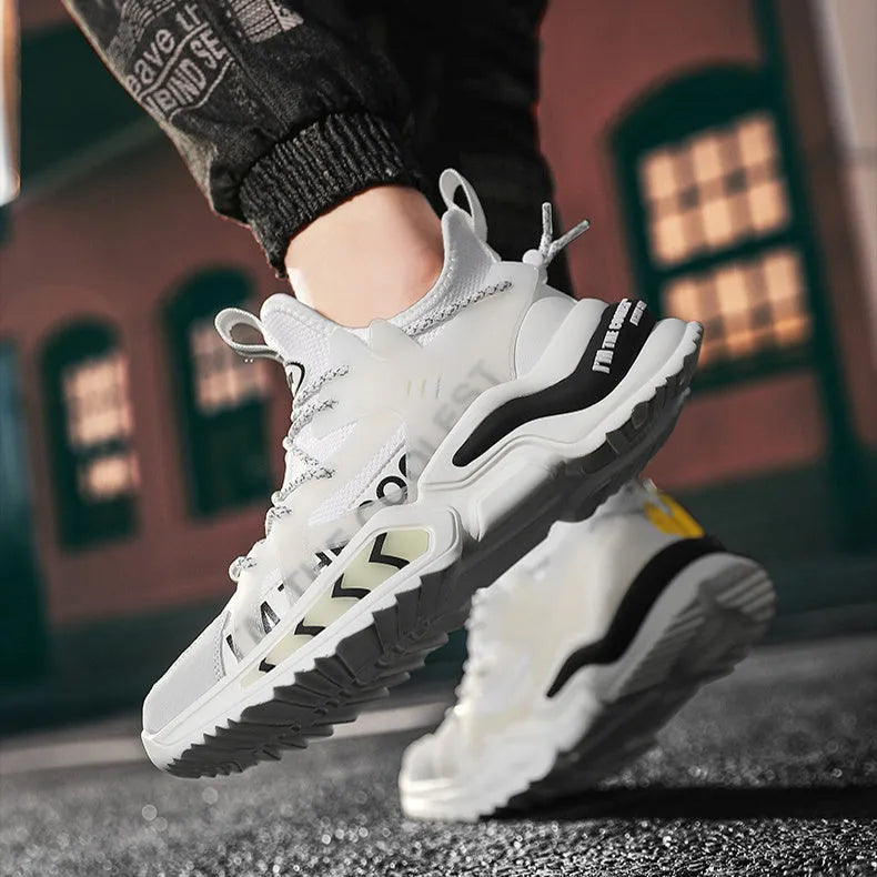 Men's high top sneakers in white with PU and mesh upper, hollow-out details, and thick sole
