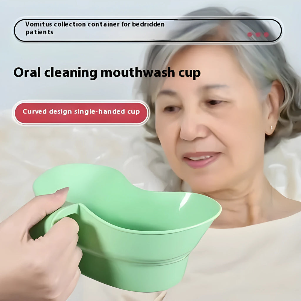Green plastic gargle cup for bedside patient mouth care and hygiene.