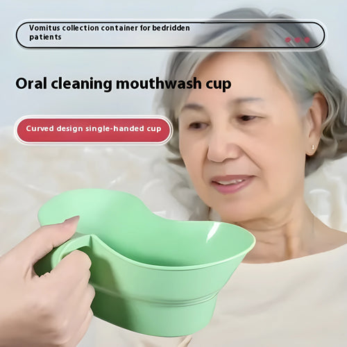 Green plastic gargle cup for bedside patient mouth care and hygiene.