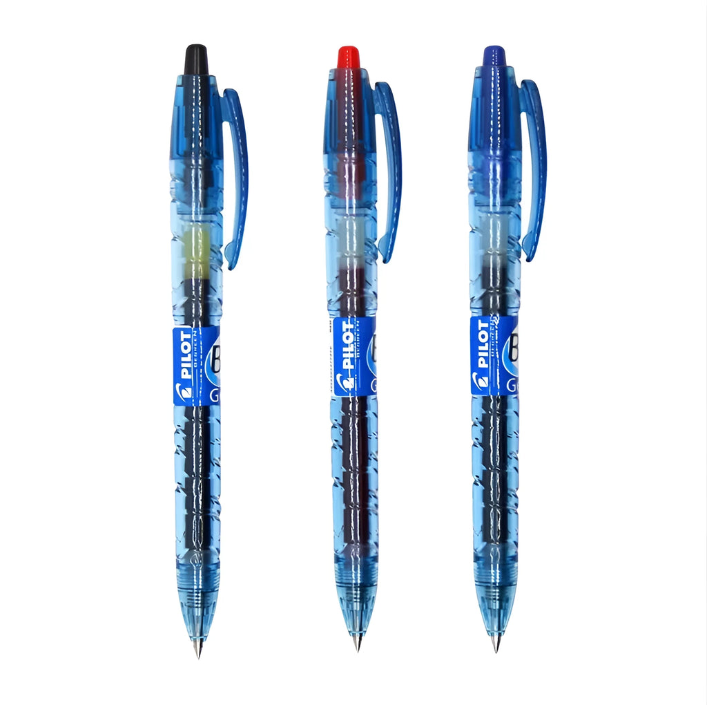 0.5mm press gel pen with transparent blue rod refill, available in black, blue or red ink