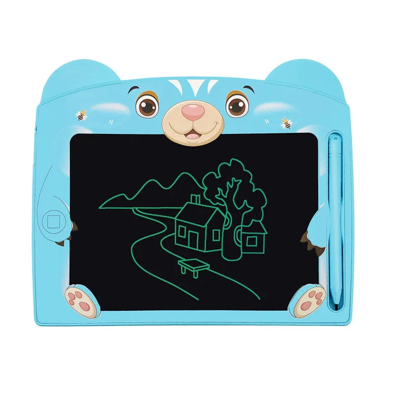 Sky blue children's LCD writing tablet with bear cartoon design showing writing area and stylus