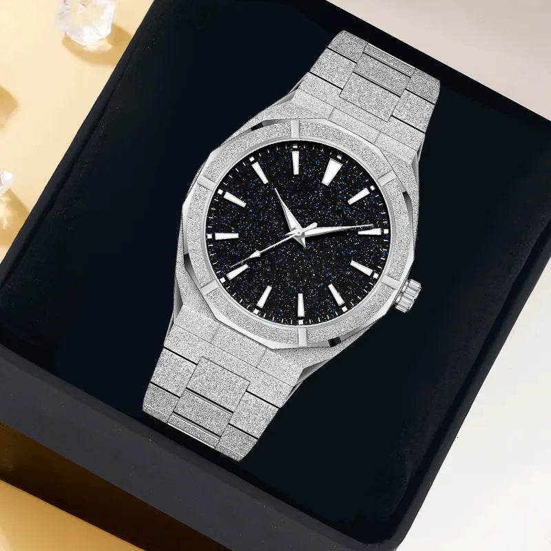Men's frosted stainless steel business watch with luminous markers in silver, gold and black colour options