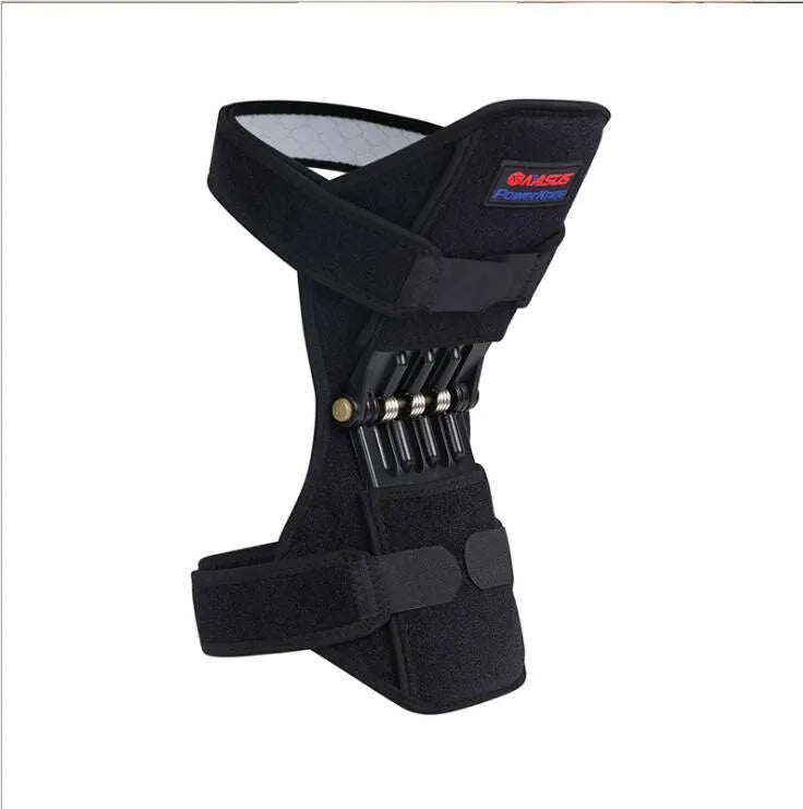 Adjustable spring knee brace support for mountaineering and sports, shown in black with breathable fabric.