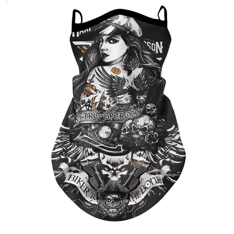 Lycra full face and neck protection sun mask showing skull graphic design option