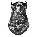 Lycra full face and neck protection sun mask showing skull graphic design option