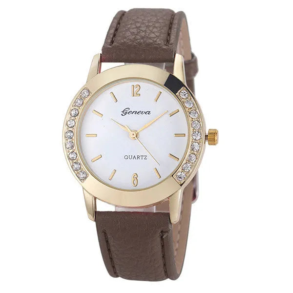 Bilateral diamond ladies casual belt watch with round face and leather strap in black