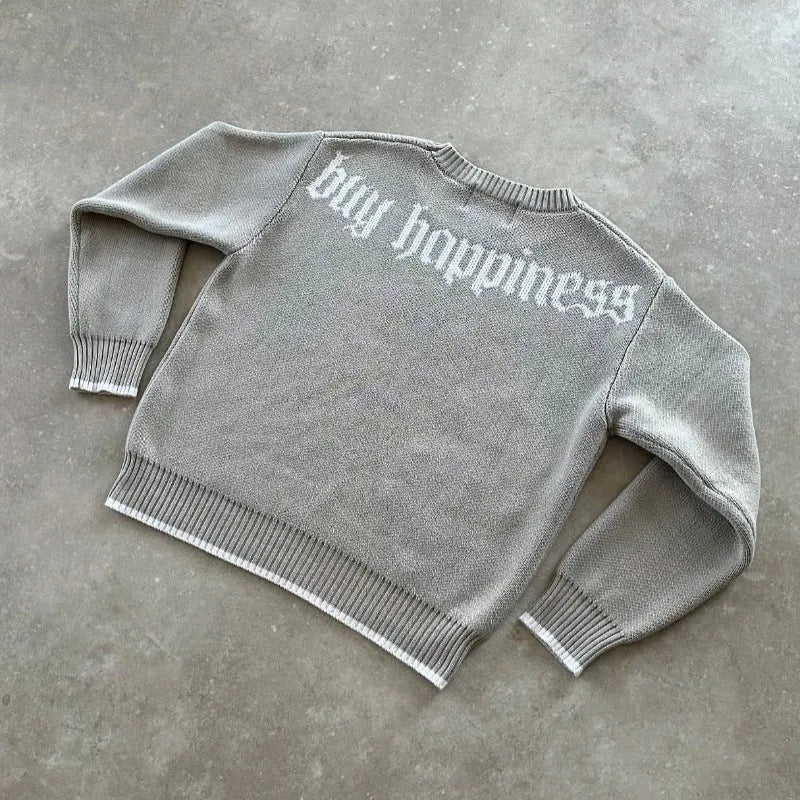 Grey jacquard knitwear coat loose fitting pullover long sleeves