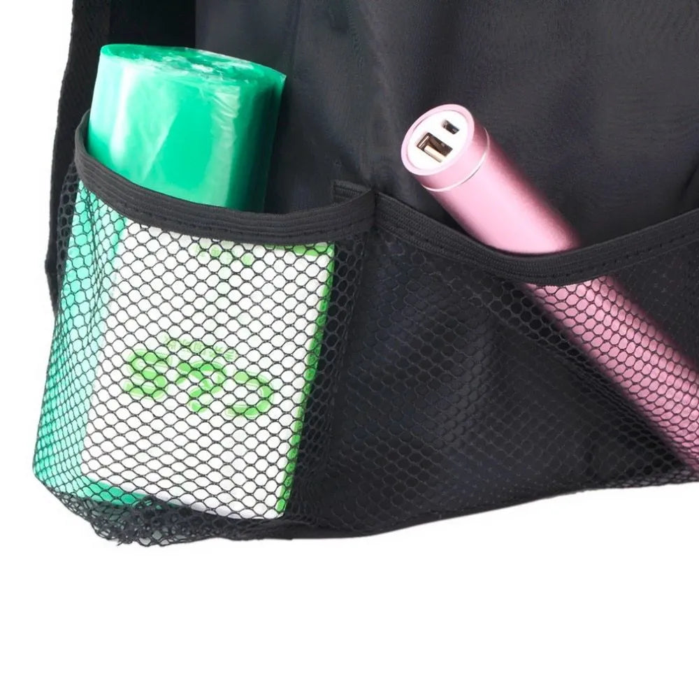 Black nylon multi-pocket car seat back organiser with adjustable straps measuring 28cm x 10cm x 22cm