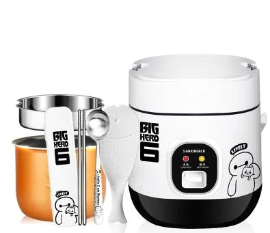 Small round blue and black miniature automatic rice cooker with steam pan on a kitchen counter.