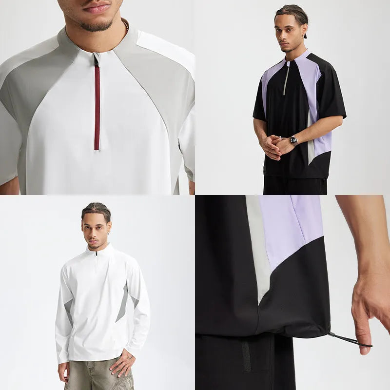 Man wearing a solid beige lightweight long sleeve polyester casual top