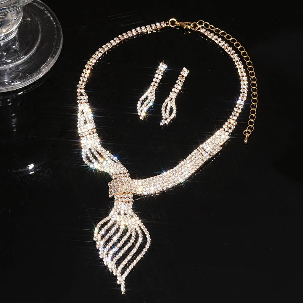 Alloy clavicle chain earrings and necklace 2-piece set gold colour women's jewellery