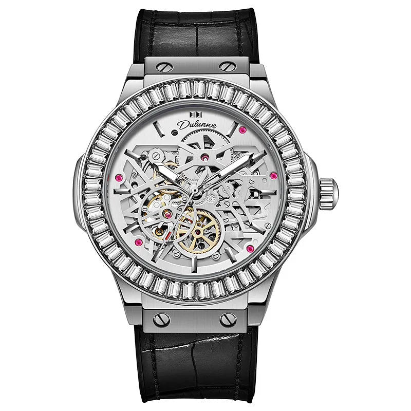 Men's automatic wristwatch with hollow dial showing mechanics, diamond studs on white case, on a black strap.