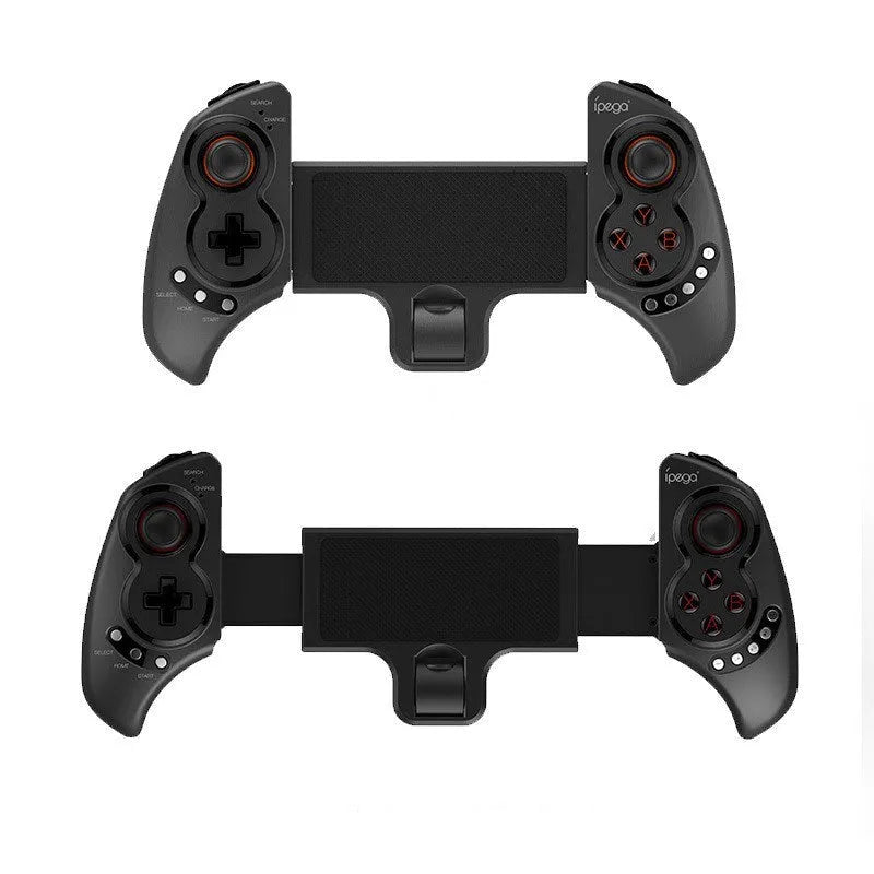 Wireless telescopic gamepad controller extended with mobile phone inserted showing ABS plastic construction