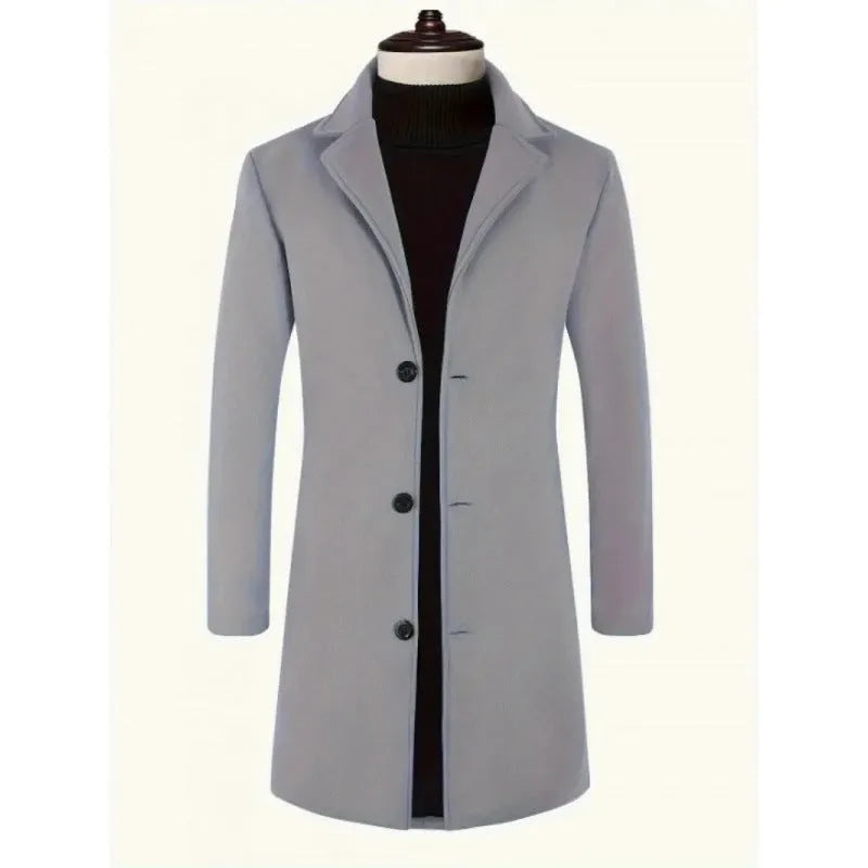 Men's loose fit solid colour trench coat in khaki, mid-length polyester outerwear with side seam pockets