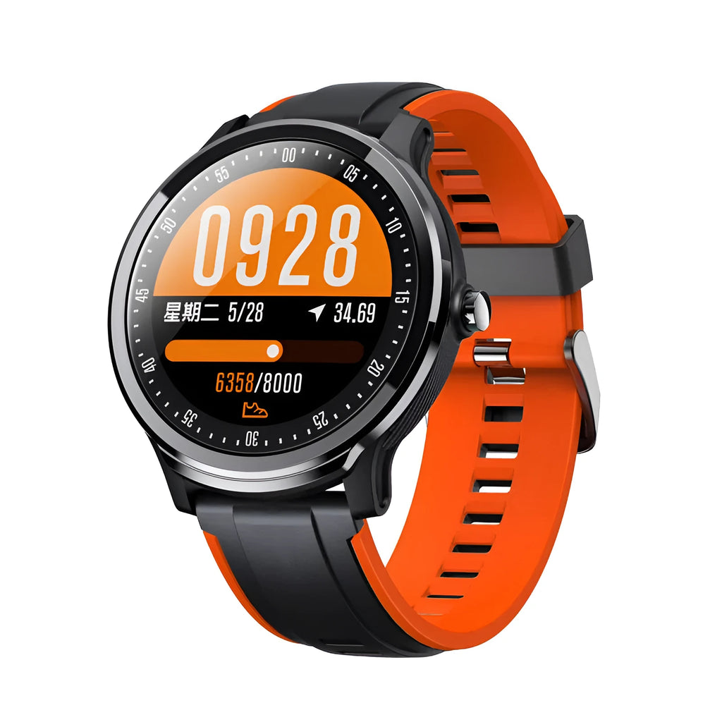 Square green smart watch with touch screen displaying heart rate and multi-sport mode