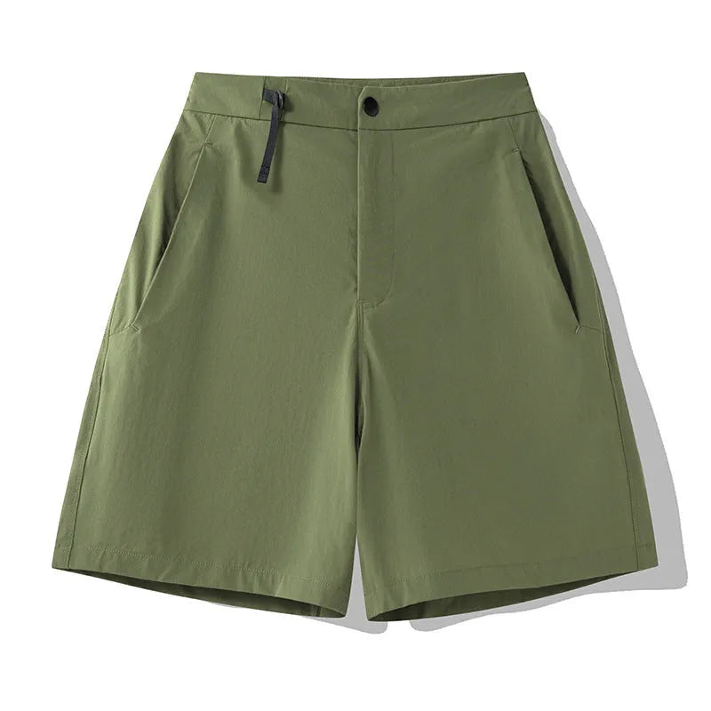 Men's khaki quick-dry sports shorts with 3D cut and four-way stretch fabric for athletic movement.