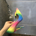 Rainbow multicolour patent leather women's high heels with pointed toe and thin ultra-high heel