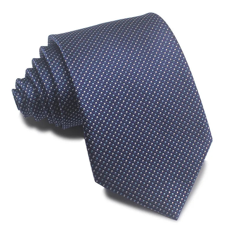 A man's striped formal tie in an arrow style, showing the jacquard texture and width of 7-8 cm.