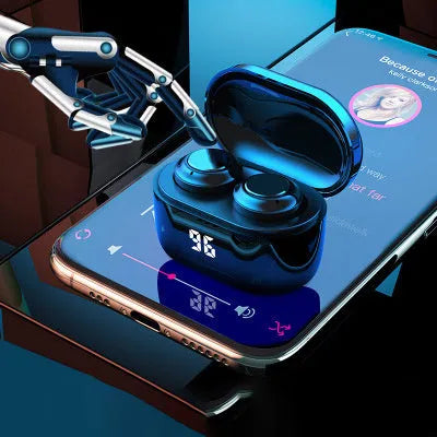 Black stereo Bluetooth wireless earbuds with earplug design for music and calls.