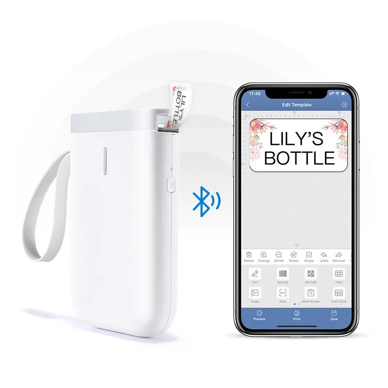 D11 Bluetooth thermal label printer with compact black design shown next to printed labels