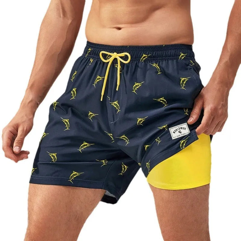 Man wearing loose green boxer-style swimming trunks made from quick-drying spandex fabric.