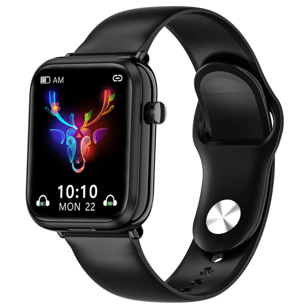 Black smartwatch with detachable wireless earbuds on a 1.69-inch touchscreen display.