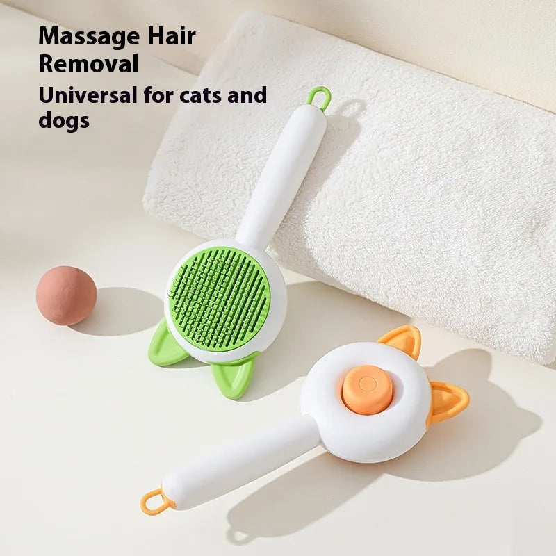 Self cleaning pet hair remover massage comb for dogs and cats in greenish white or orange white, PP TPR stainless steel