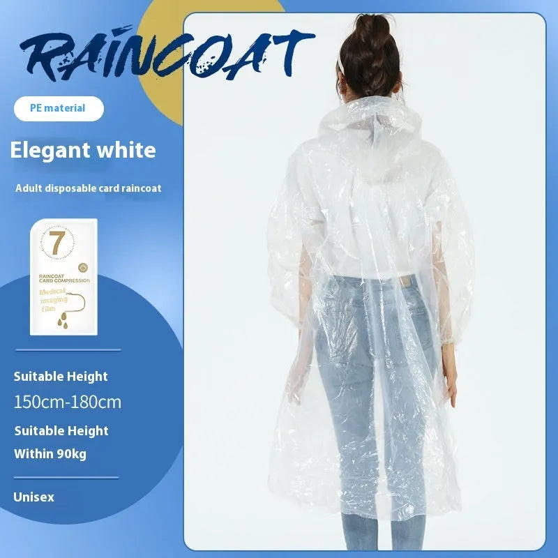 Disposable long full-body raincoat on a portable card, shown in purple, with adult and children size options.