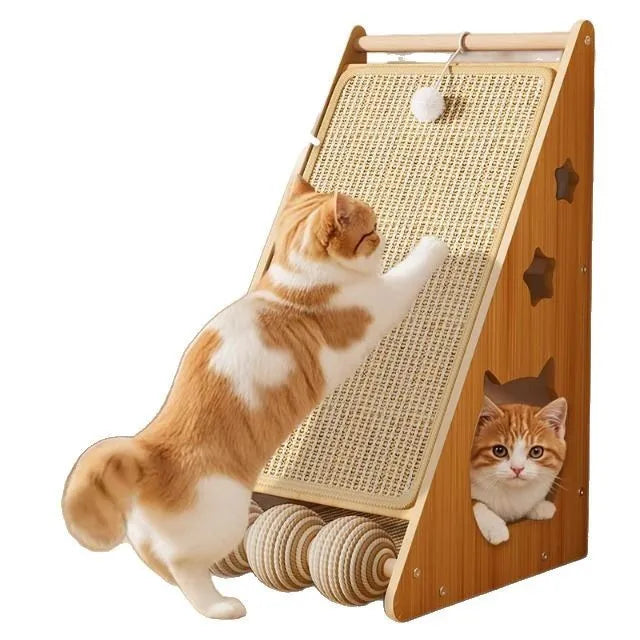 Vertical wall-mounted cat scratch board with sisal surface and attached cat teasing ball