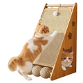 Vertical wall-mounted cat scratch board with sisal surface and attached cat teasing ball